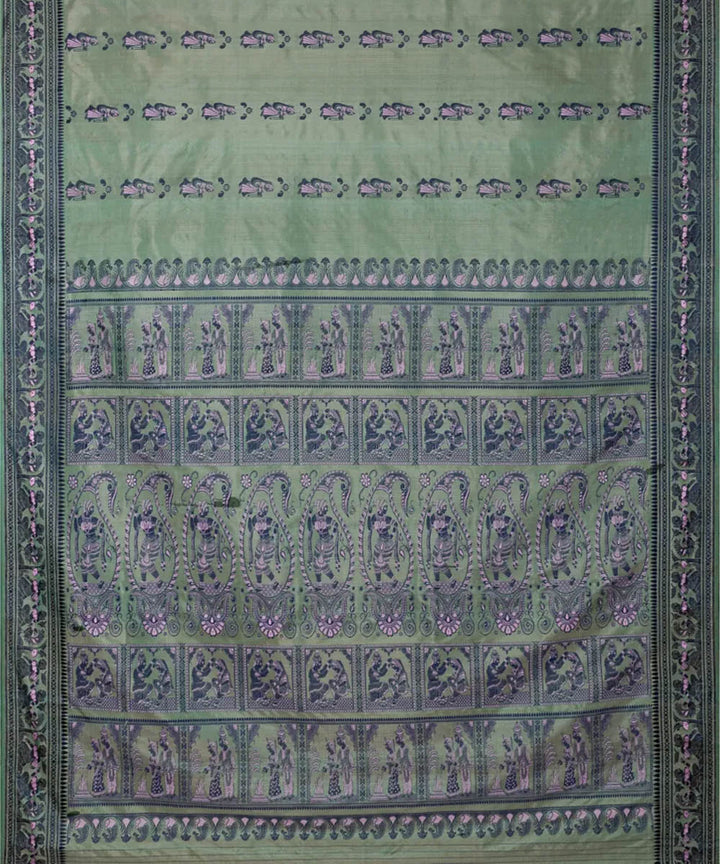 Biswa bangla light green navy silk handloom baluchari saree