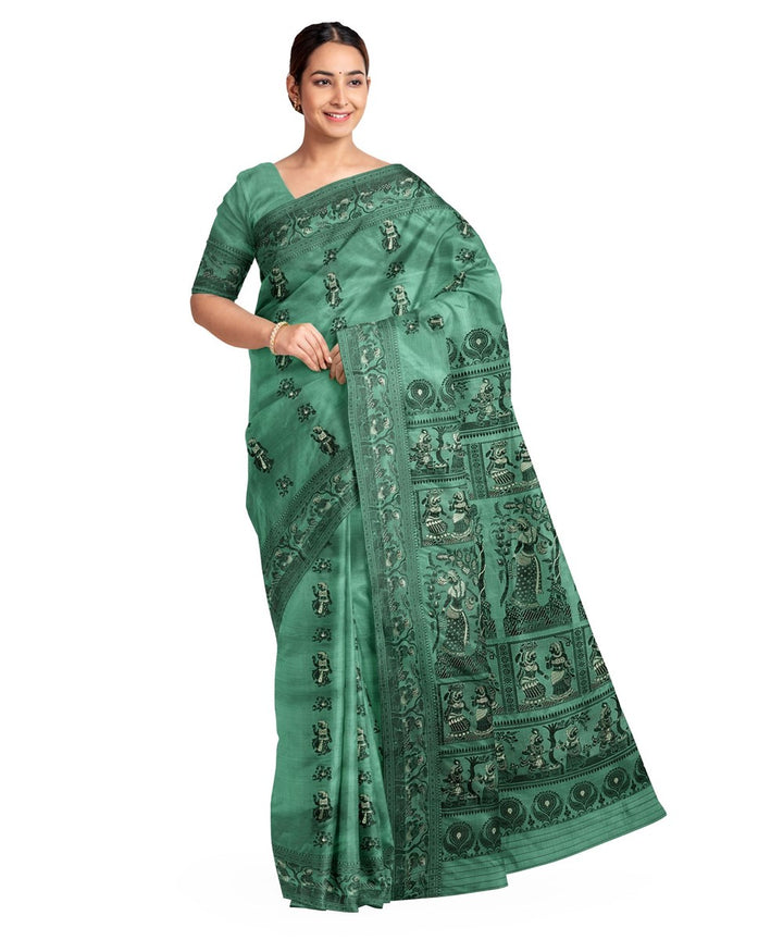 Biswa bangla light green black silk handloom baluchari saree