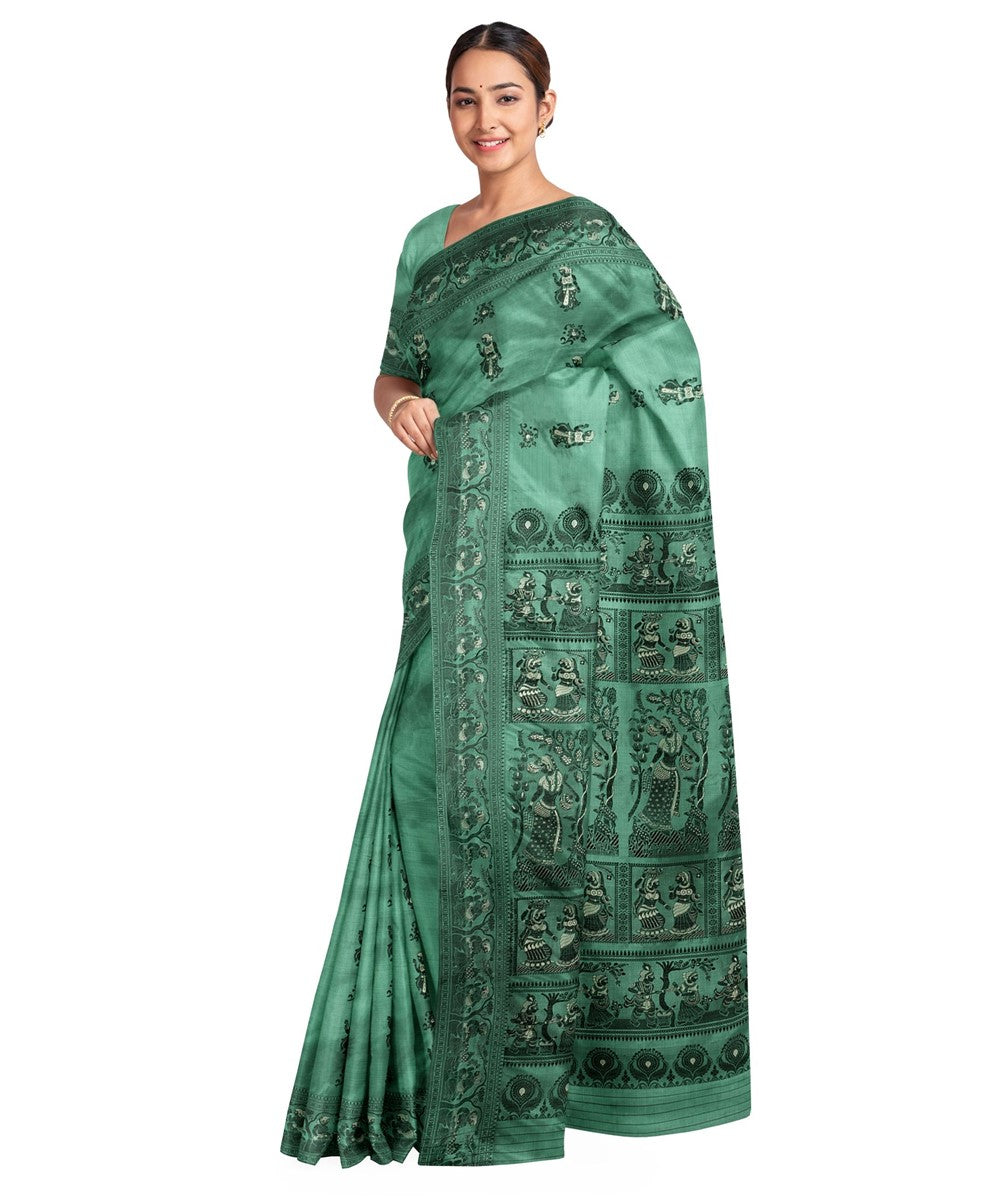 Biswa bangla light green black silk handloom baluchari saree