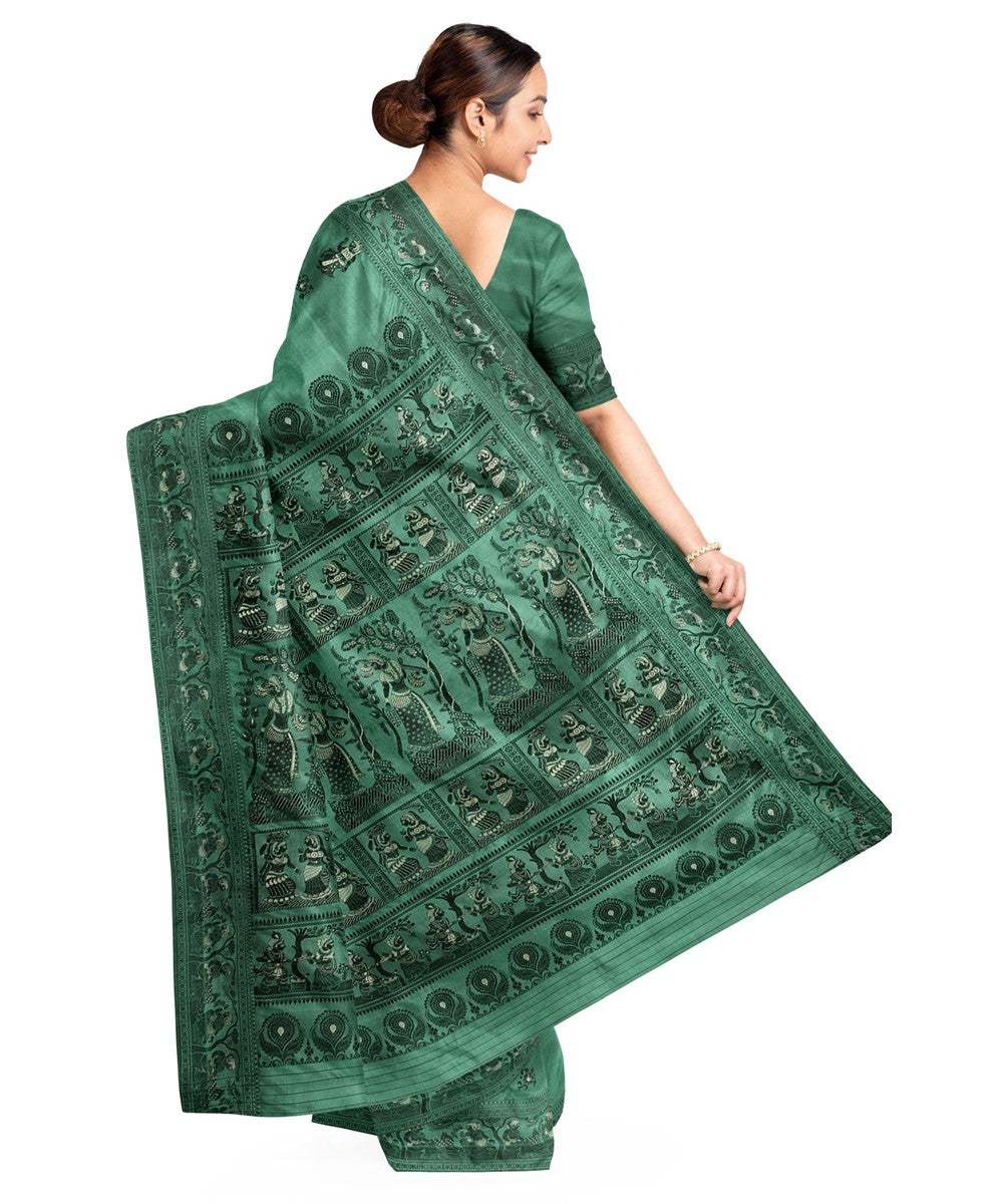 Biswa bangla light green black silk handloom baluchari saree