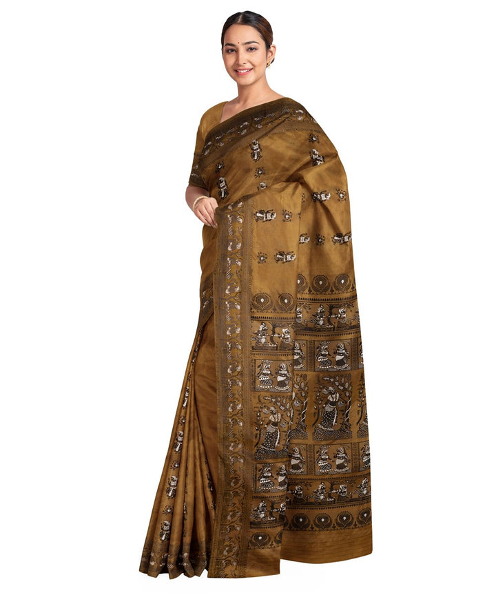 Biswa bangla mustard black silk handloom baluchari saree