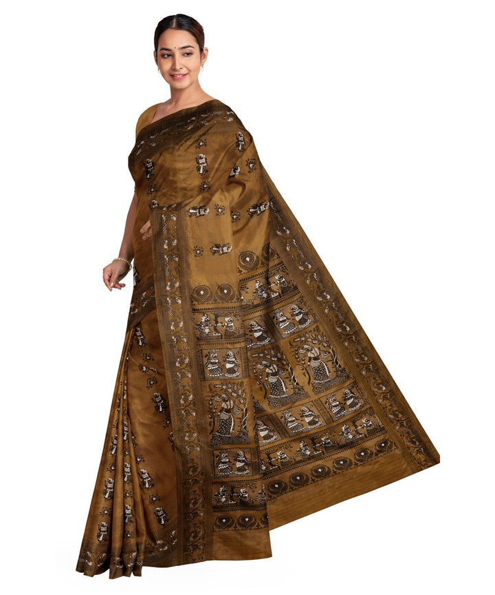Biswa bangla mustard black silk handloom baluchari saree