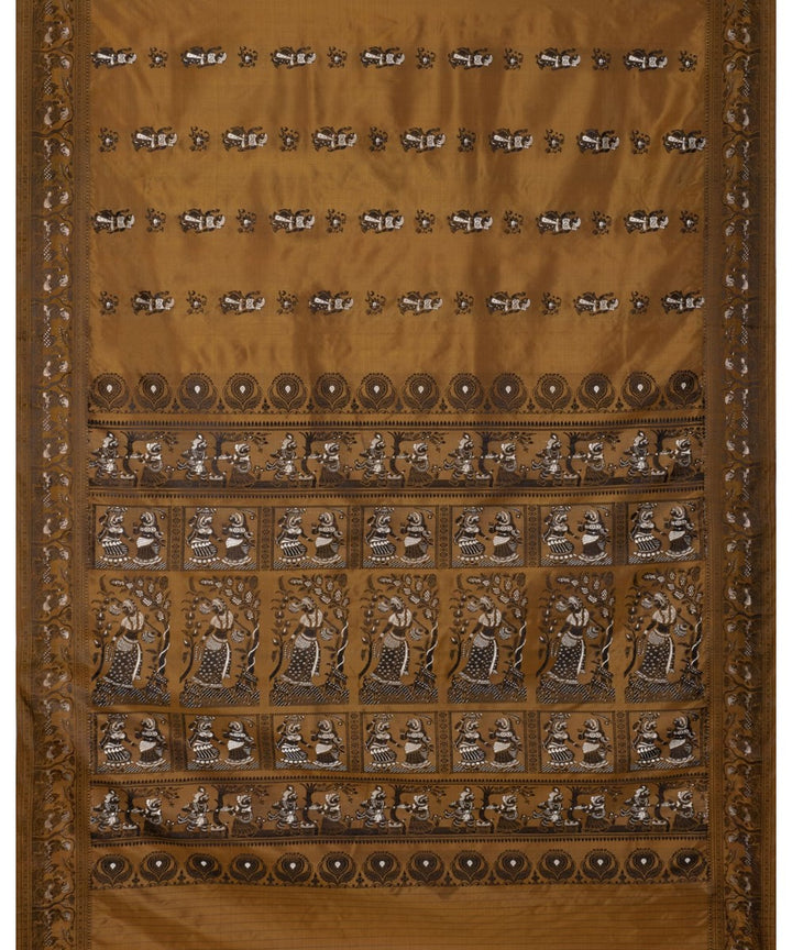 Biswa bangla mustard black silk handloom baluchari saree