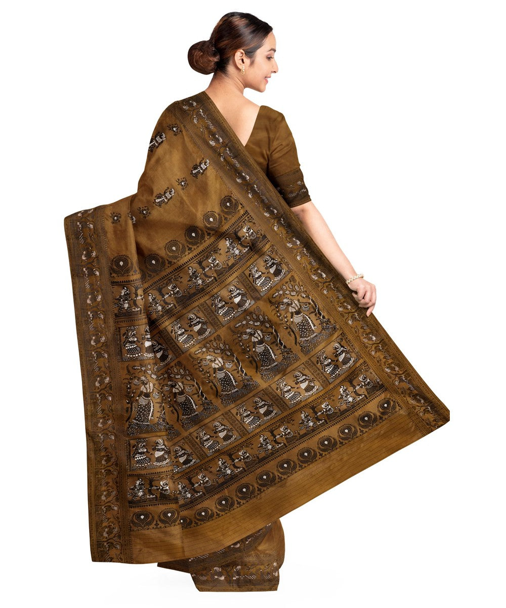 Biswa bangla mustard black silk handloom baluchari saree
