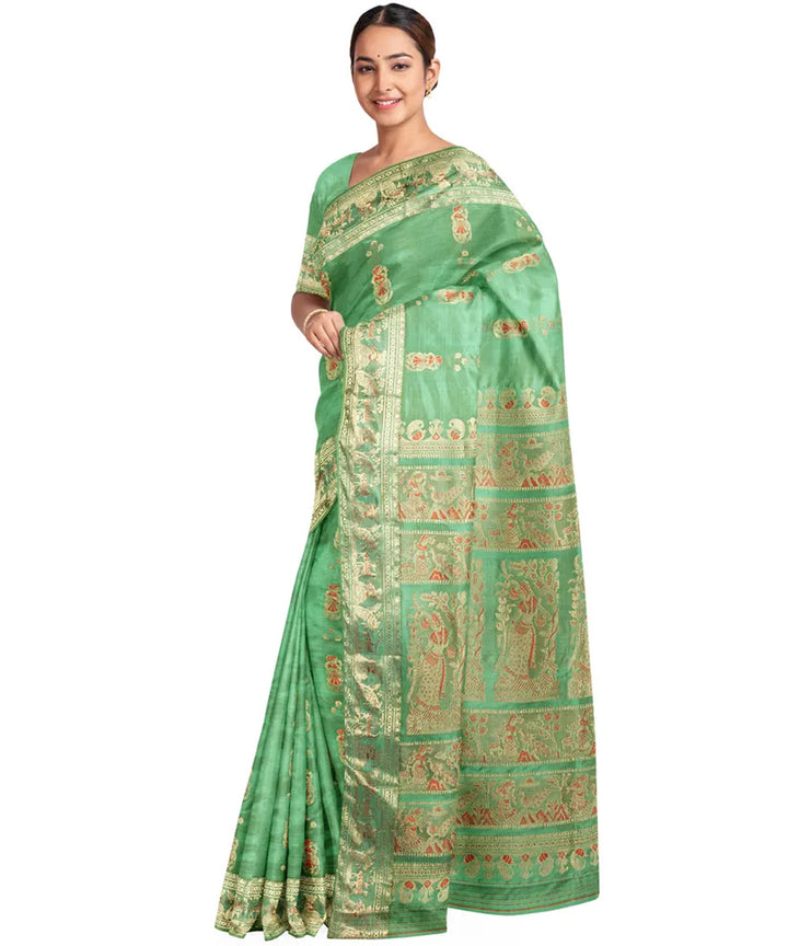 Biswa bangla light green golden silk handloom baluchari saree