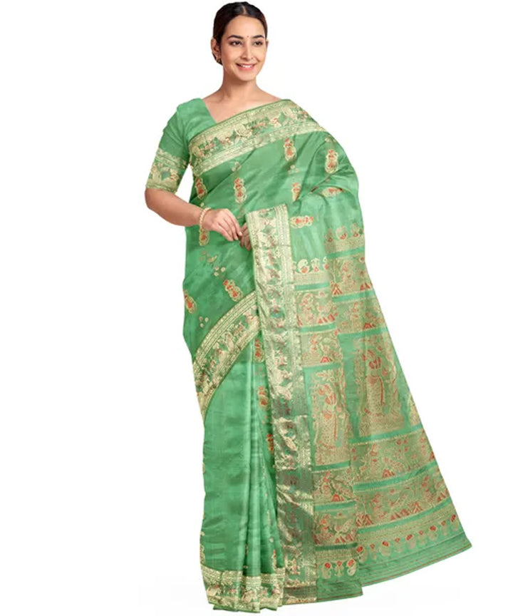 Biswa bangla light green golden silk handloom baluchari saree
