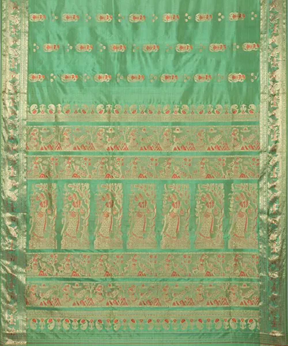 Biswa bangla light green golden silk handloom baluchari saree