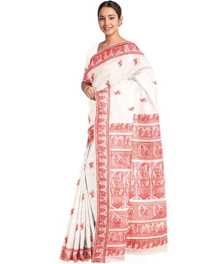 Biswa bangla handloom white red silk baluchari saree