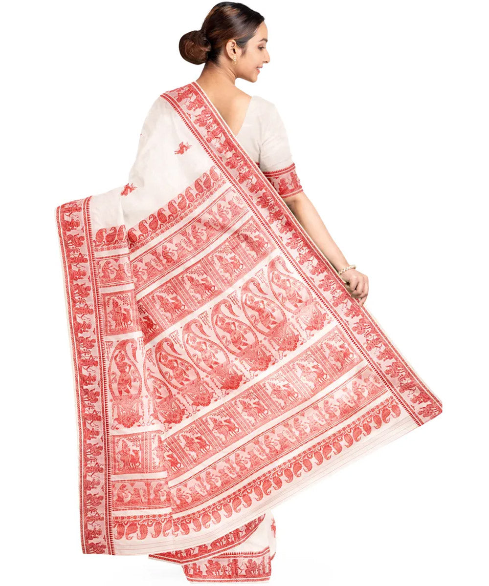 Biswa bangla handloom white red silk baluchari saree