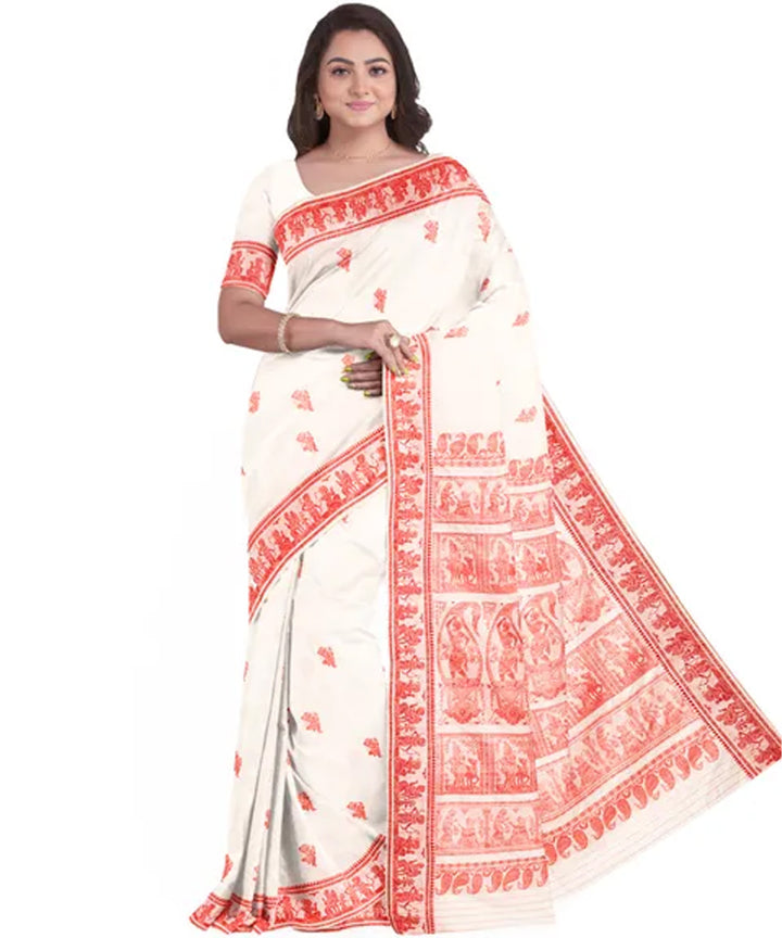 Biswa bangla  white red silk handloom baluchari saree