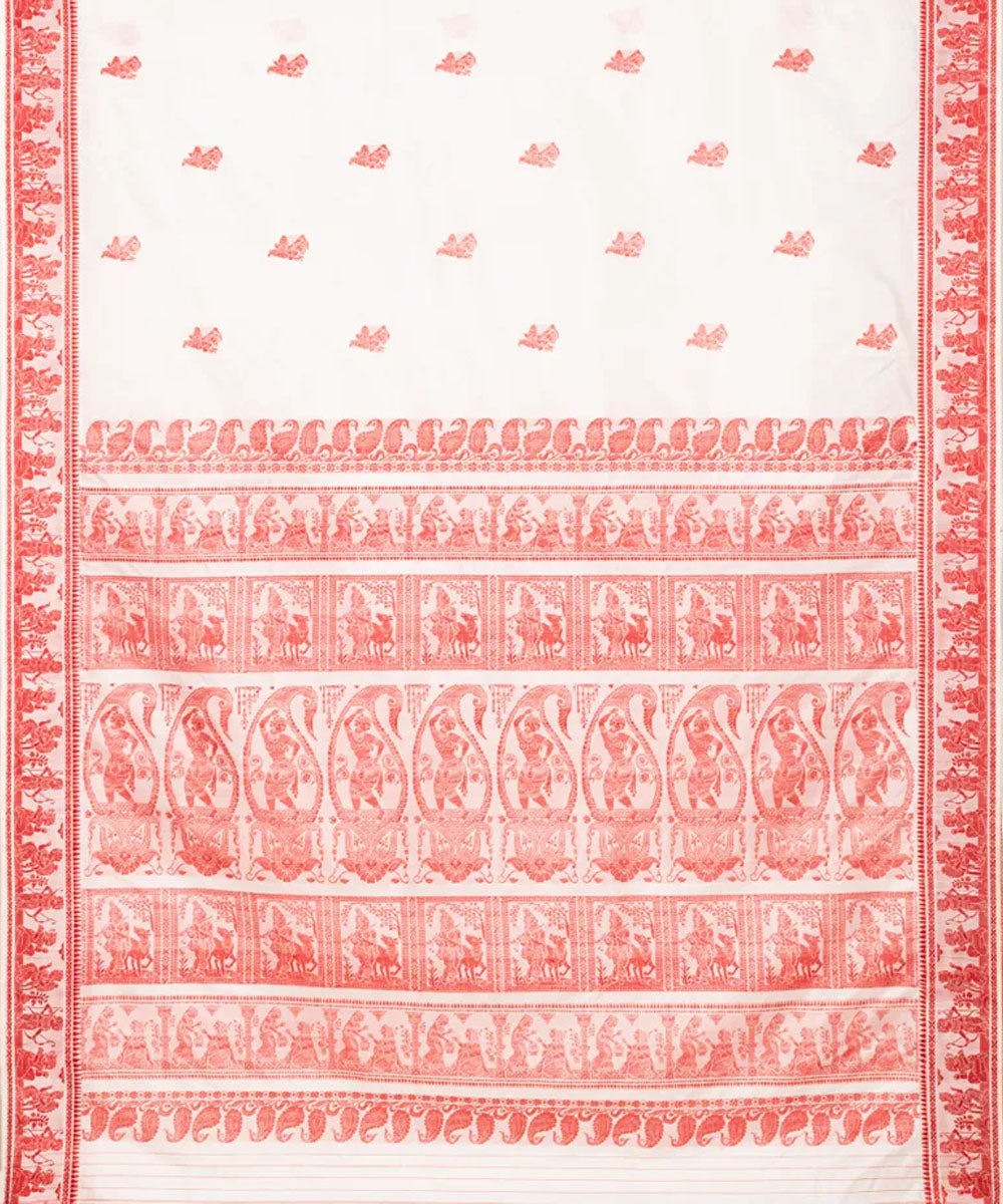 Biswa bangla  white red silk handloom baluchari saree