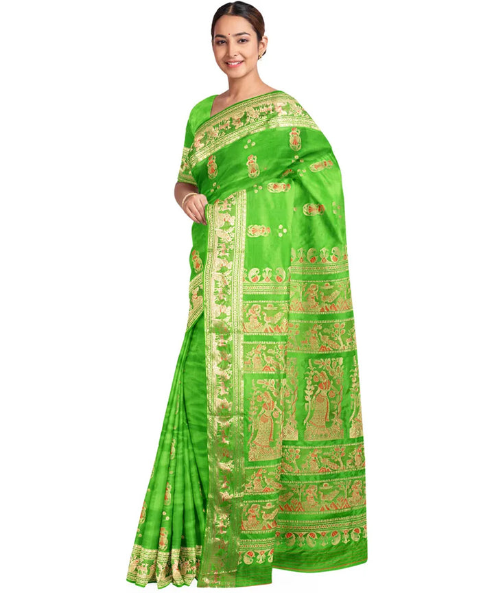Biswa bangla lime green golden silk handloom baluchari saree