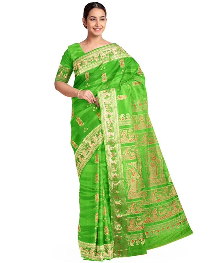 Biswa bangla lime green golden silk handloom baluchari saree