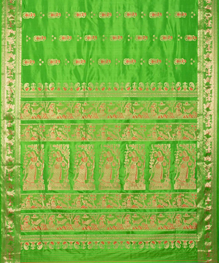 Biswa bangla lime green golden silk handloom baluchari saree