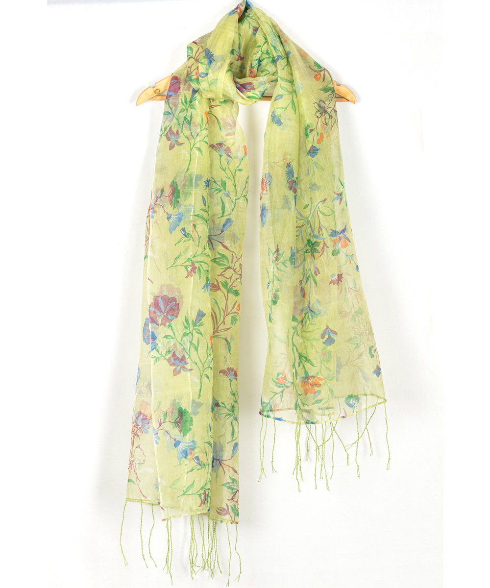 Biswa bangla lime green hand printed silk dupatta