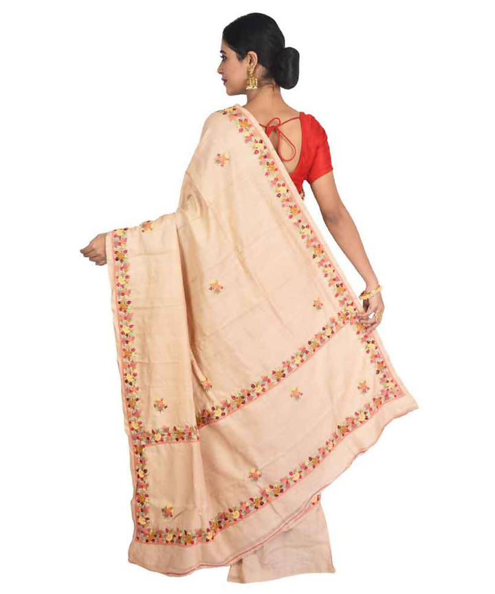 Beige bengal hand embroidery tussar silk saree