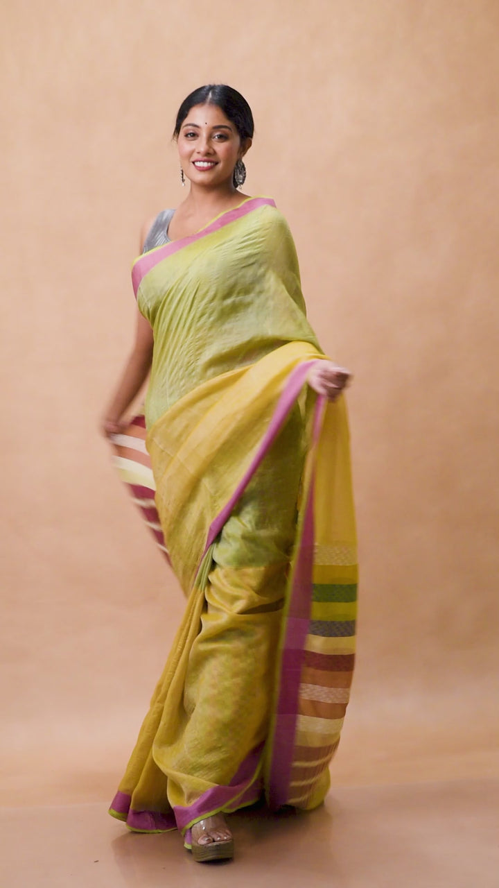 Lime green handwoven tussar silk by cotton jamdani saree
