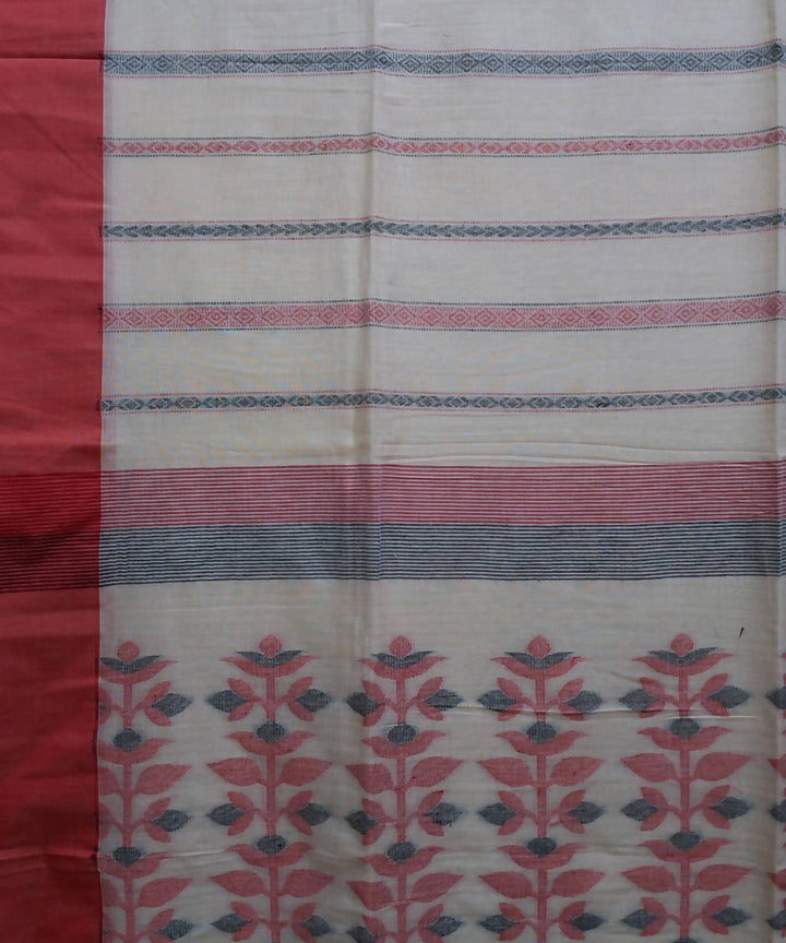 Cream and red handwoven cotton bengal saree