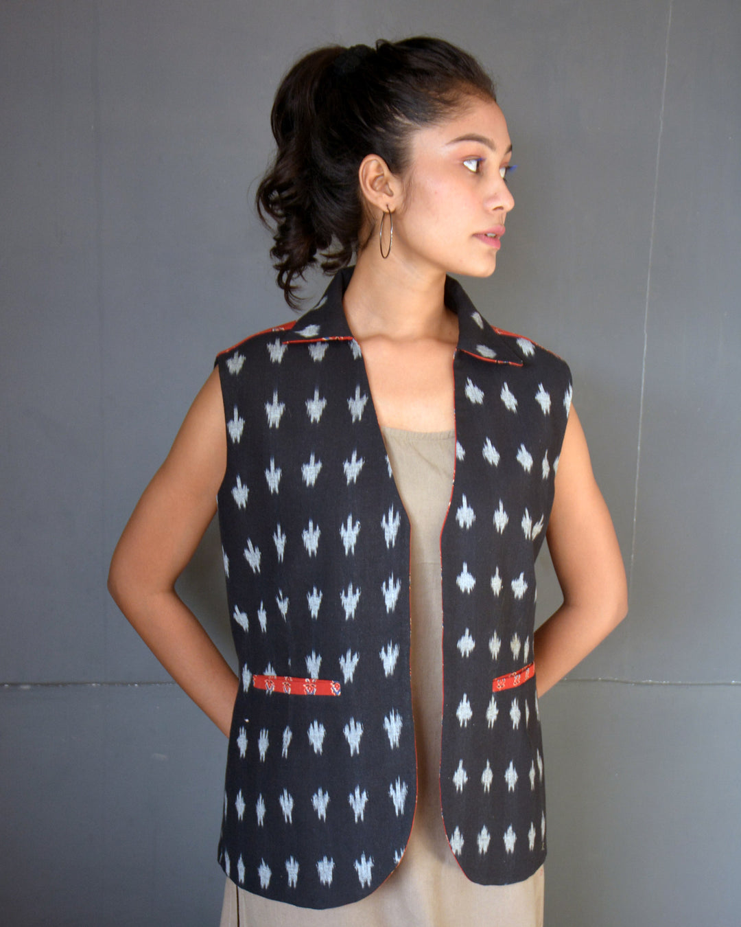 Red black handcrafted cotton ikat reversible jacket