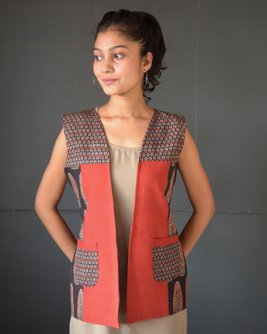Black red handcrafted cotton ajrakh reversible jacket