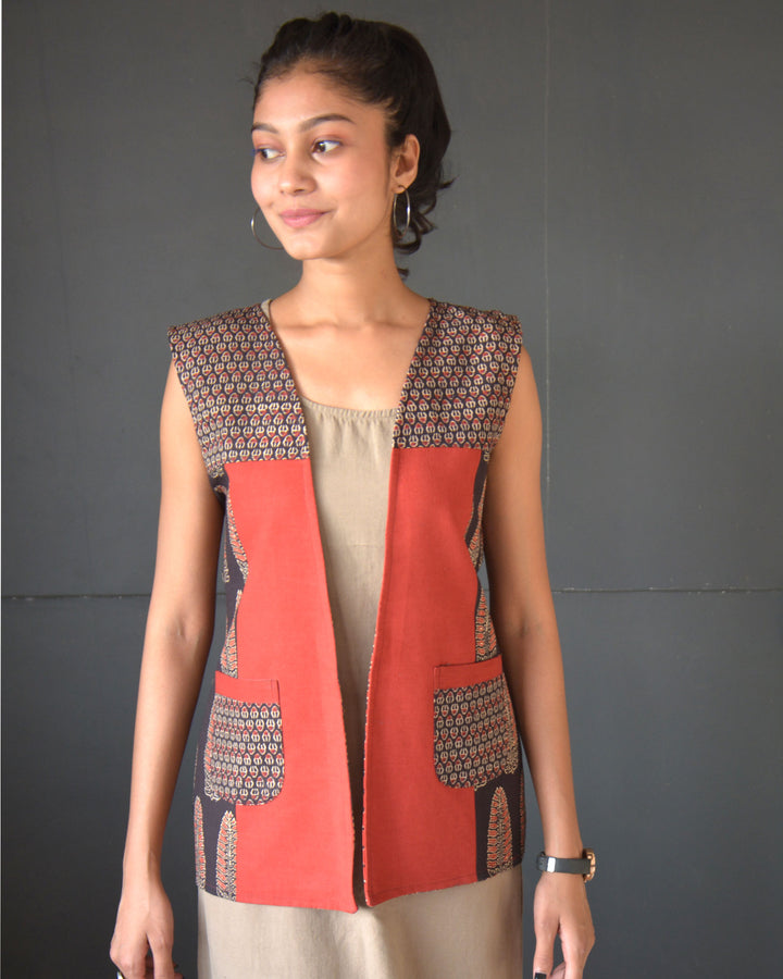 Black red handcrafted cotton ajrakh reversible jacket