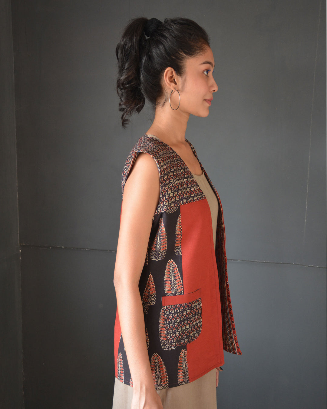 Black red handcrafted cotton ajrakh reversible jacket