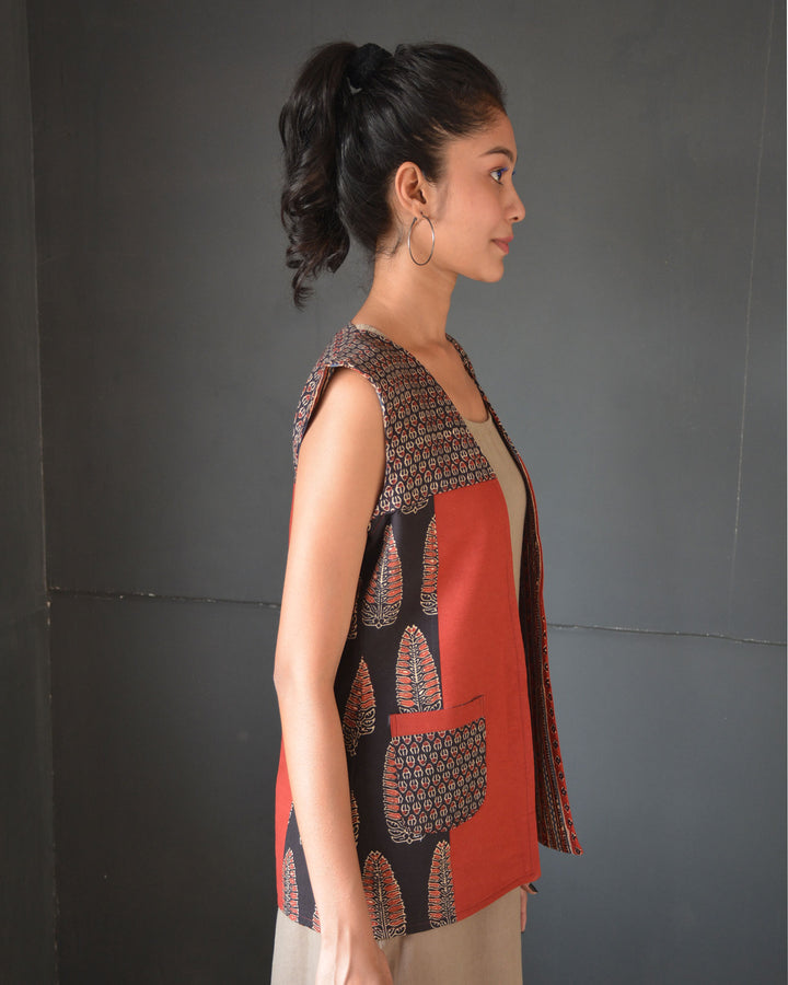 Black red handcrafted cotton ajrakh reversible jacket