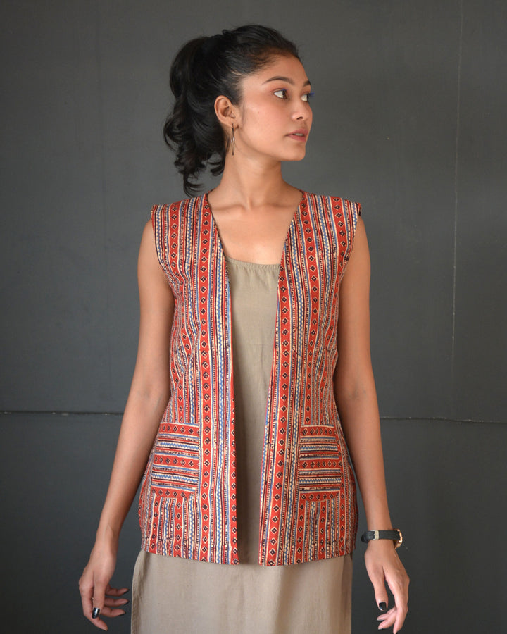 Black red handcrafted cotton ajrakh reversible jacket