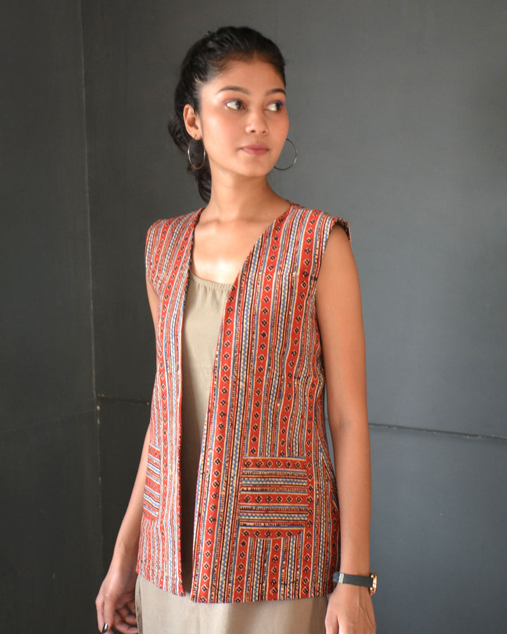 Black red handcrafted cotton ajrakh reversible jacket
