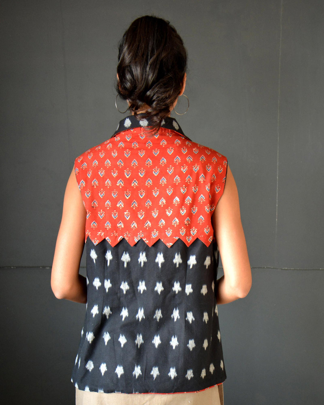 Red black handcrafted cotton ikat reversible jacket