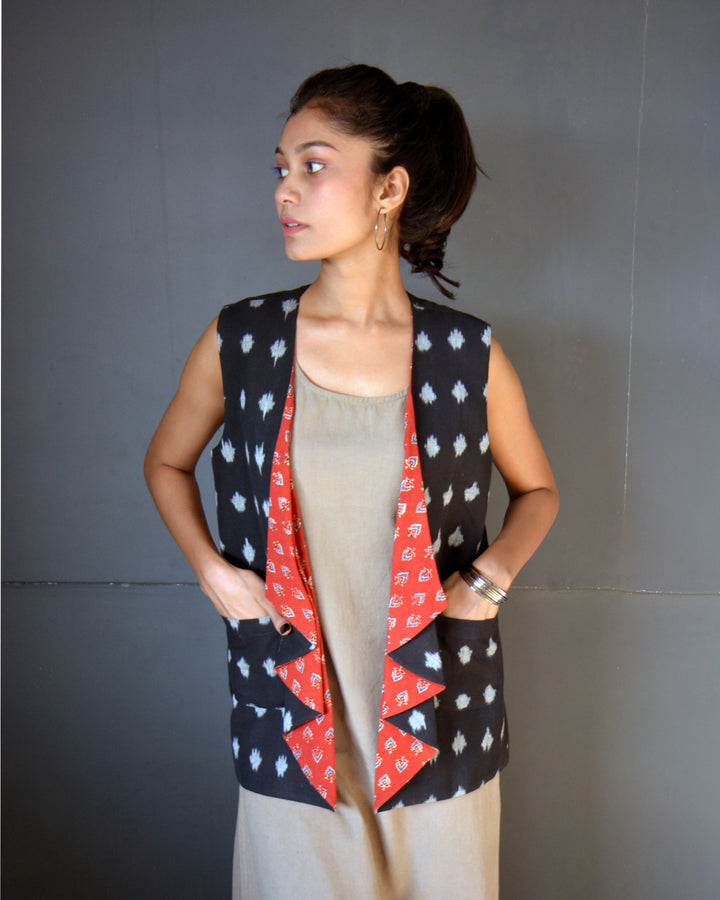 Black handcrafted cotton ikat reverible jacket