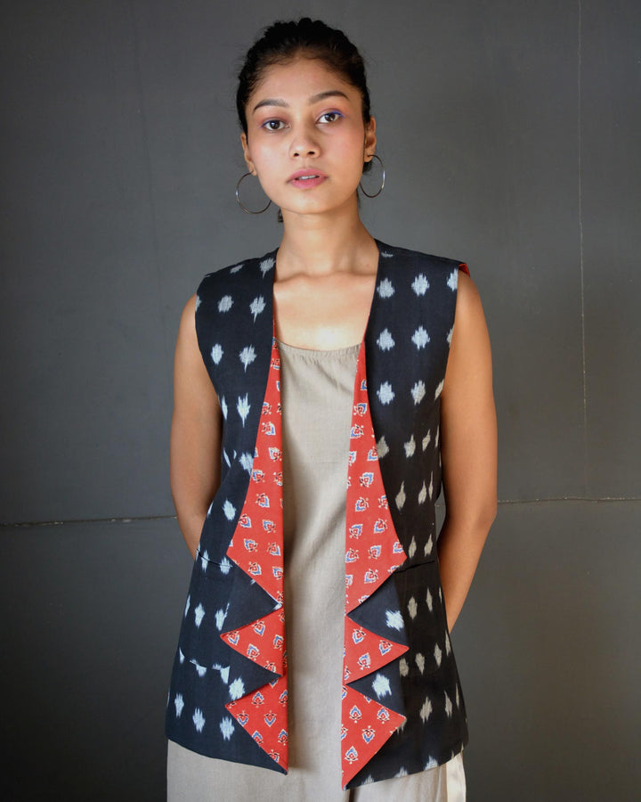 Black handcrafted cotton ikat reverible jacket