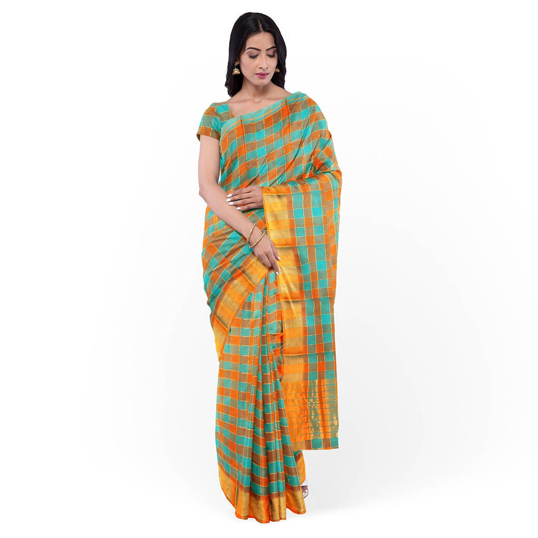 Blue orange checks handloom cotton venkatagiri saree