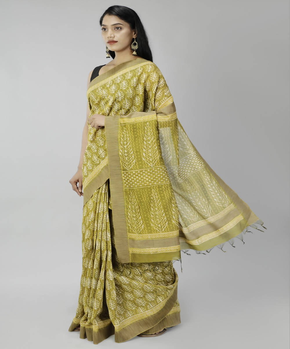 Brass bagru handblock printed cotton silk saree