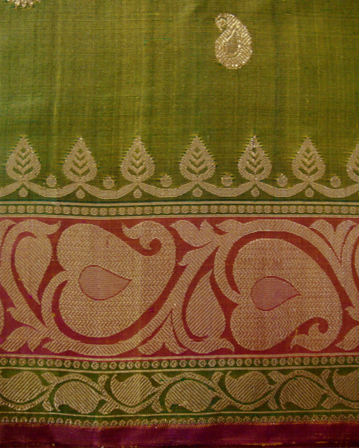 Pure Silk Turning Border Saree Olive Green