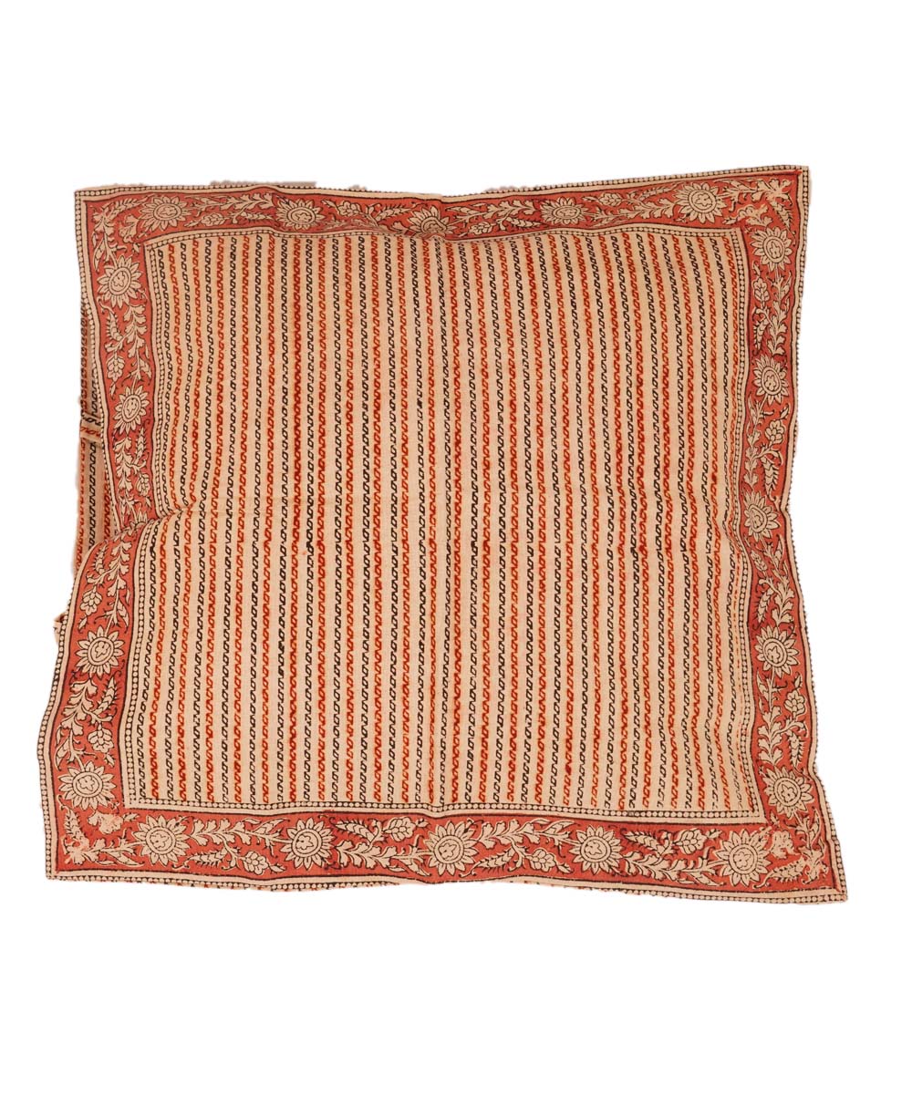 Off white multi colour cotton hand block print kalamkari cushion cover