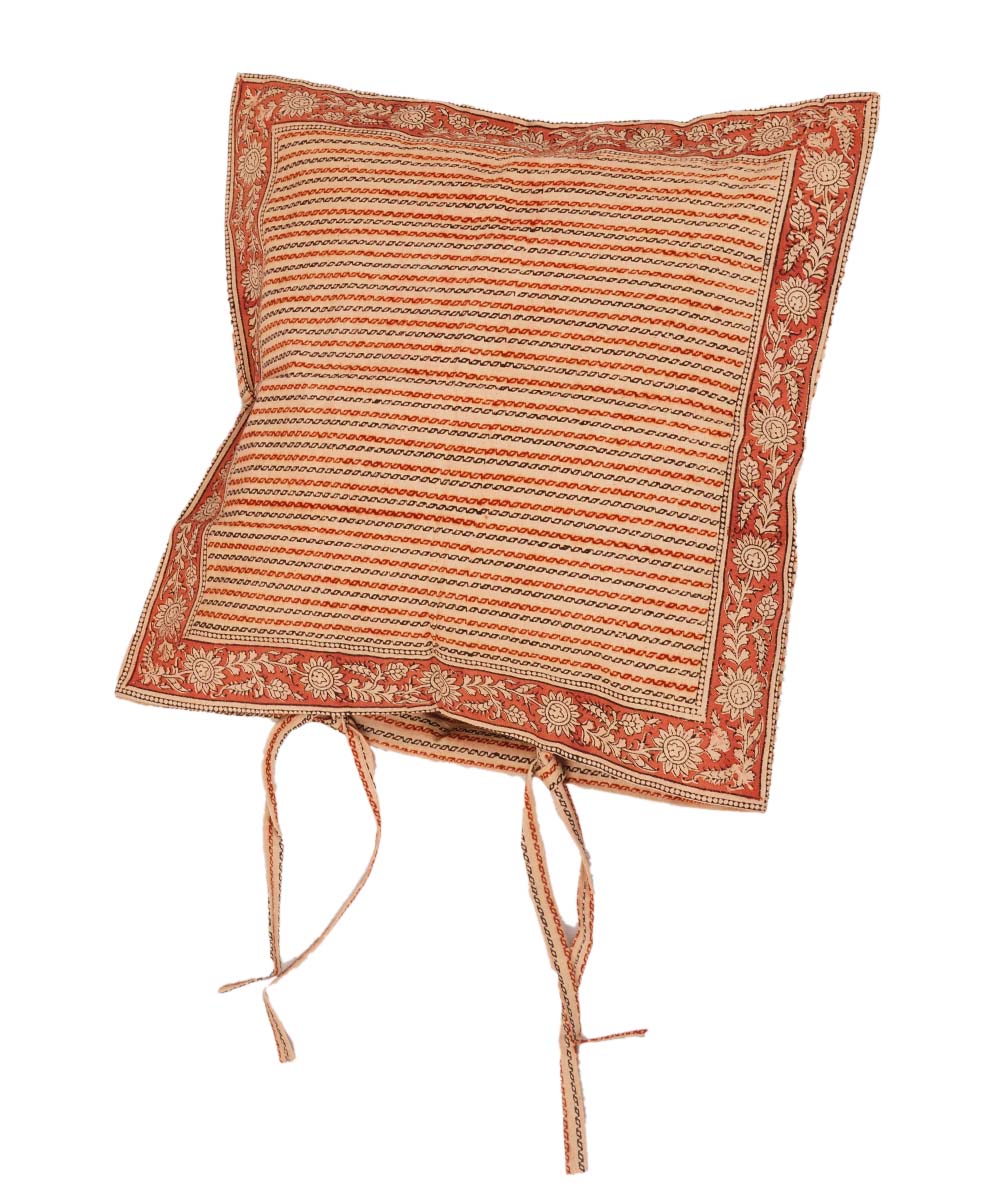 Off white multi colour cotton hand block print kalamkari cushion cover