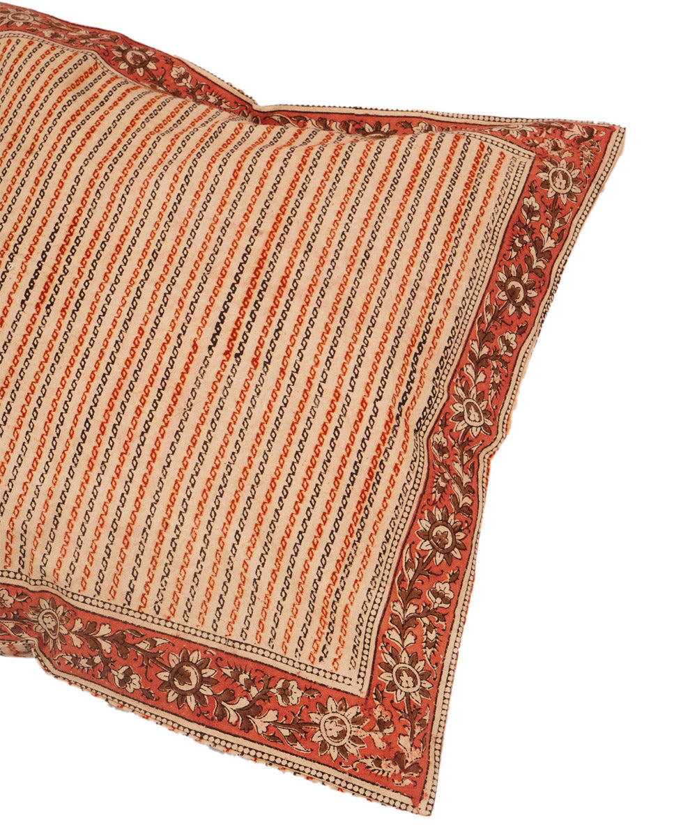 Off white multi color cotton hand block print kalamkari cushion cover