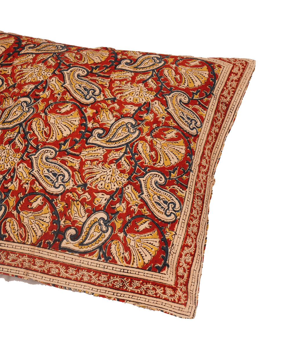 Crimson red cotton hand block print kalamkari cushion cover