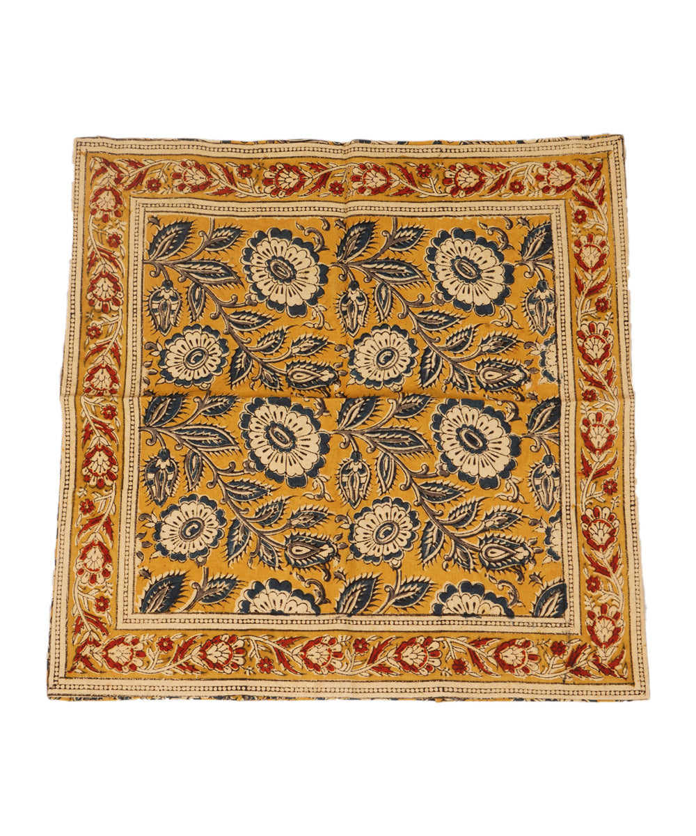 Mustard yellow cotton hand block print kalamkari cushion cover