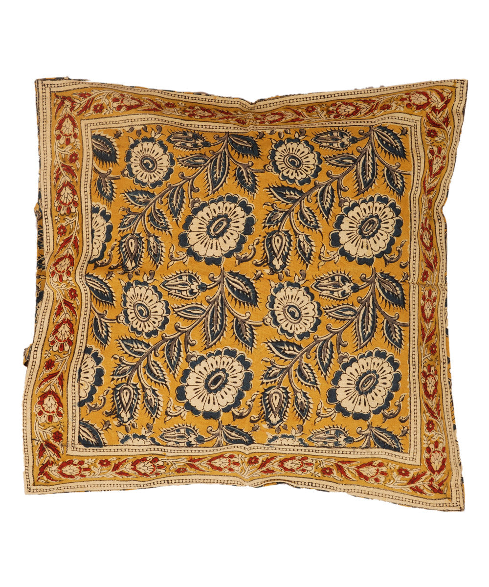 Mustard yellow cotton hand block print kalamkari cushion cover