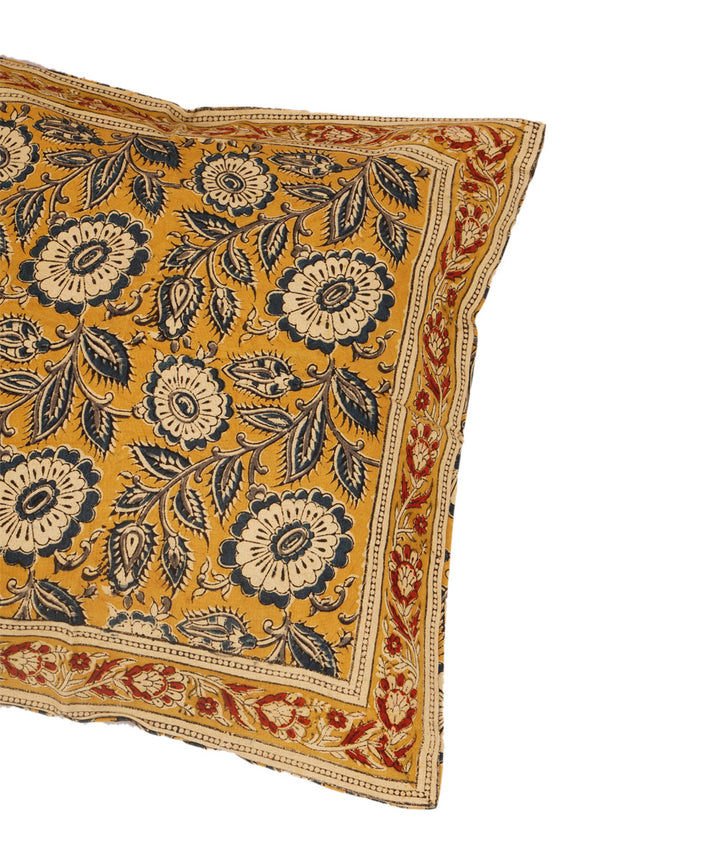 Mustard yellow cotton hand block print kalamkari cushion cover