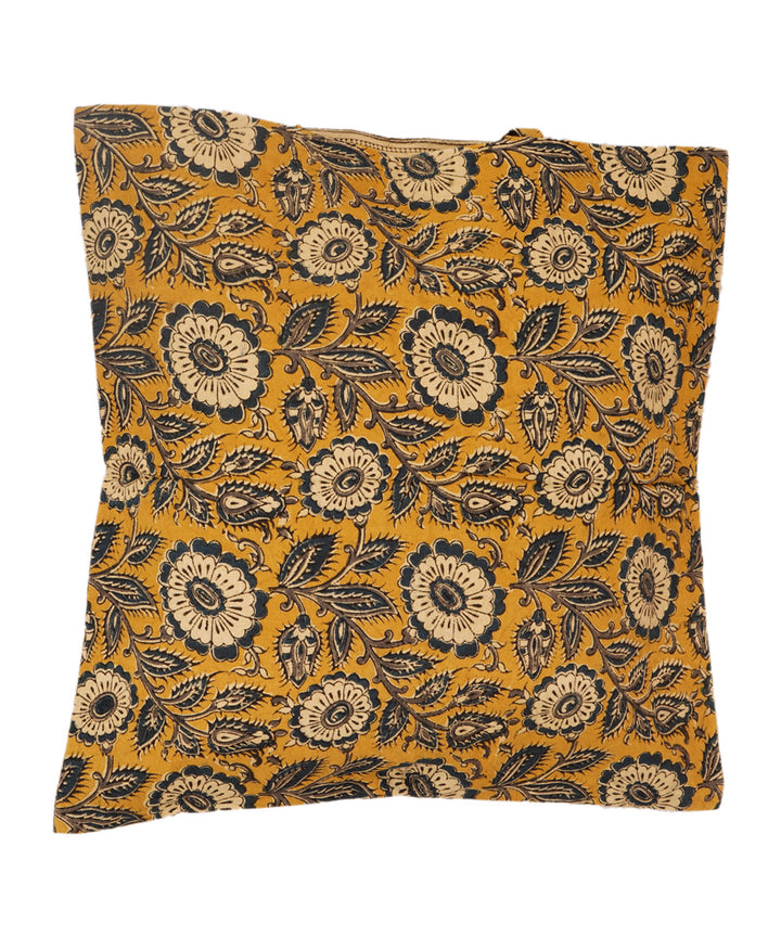 Mustard yellow cotton hand block print kalamkari cushion cover