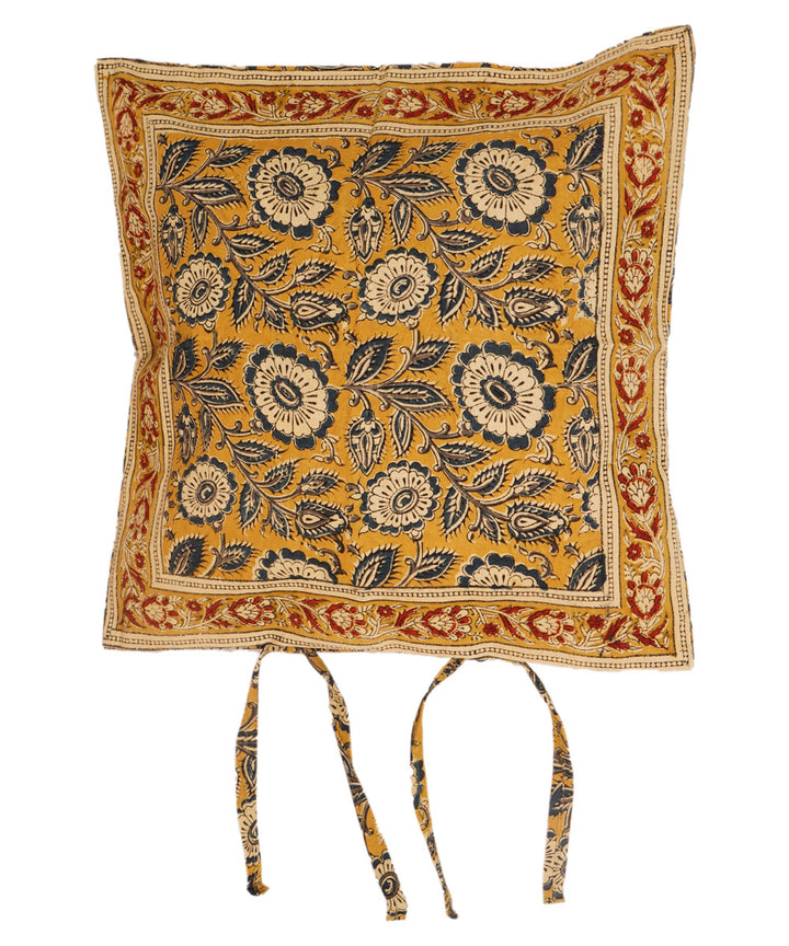 Mustard yellow cotton hand block print kalamkari cushion cover