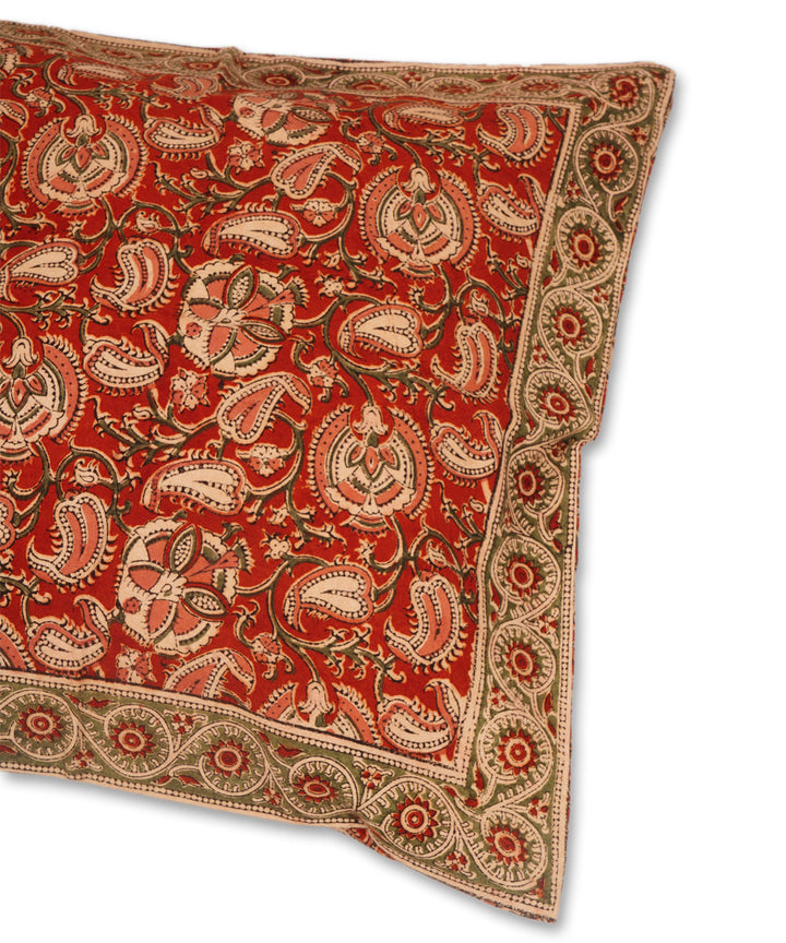 Barn red cotton hand block print kalamkari cushion cover