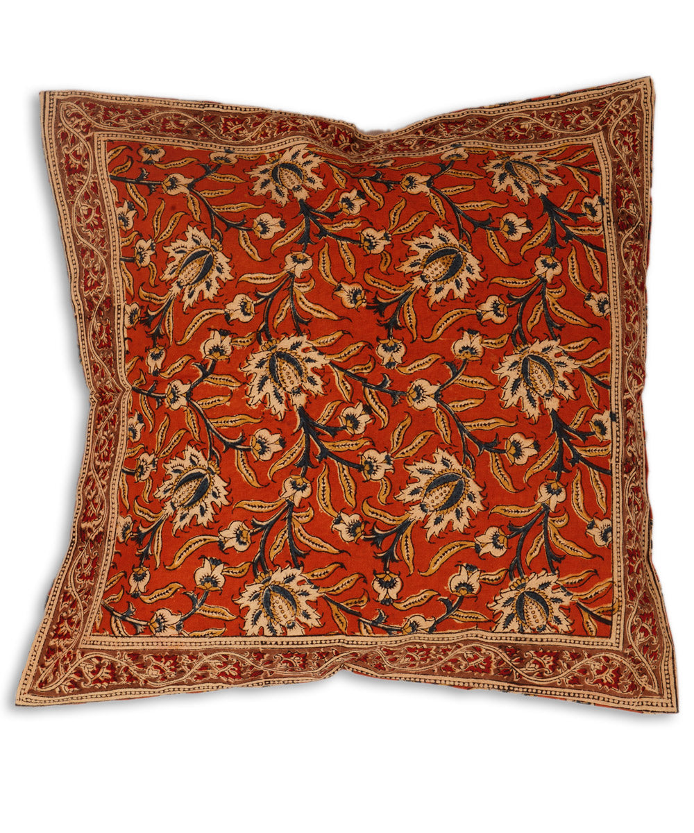 Dark orange cotton hand block print kalamkari cushion cover