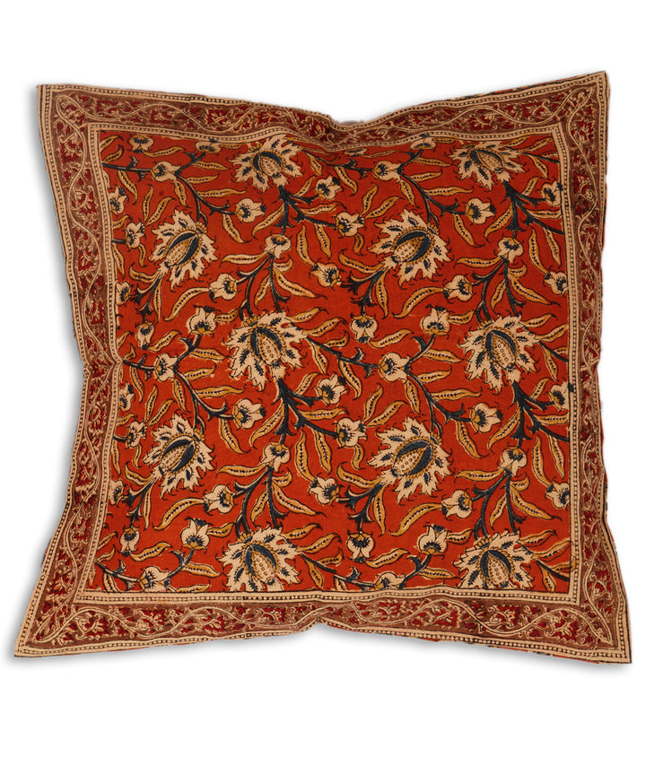 Dark orange cotton hand block print kalamkari cushion cover