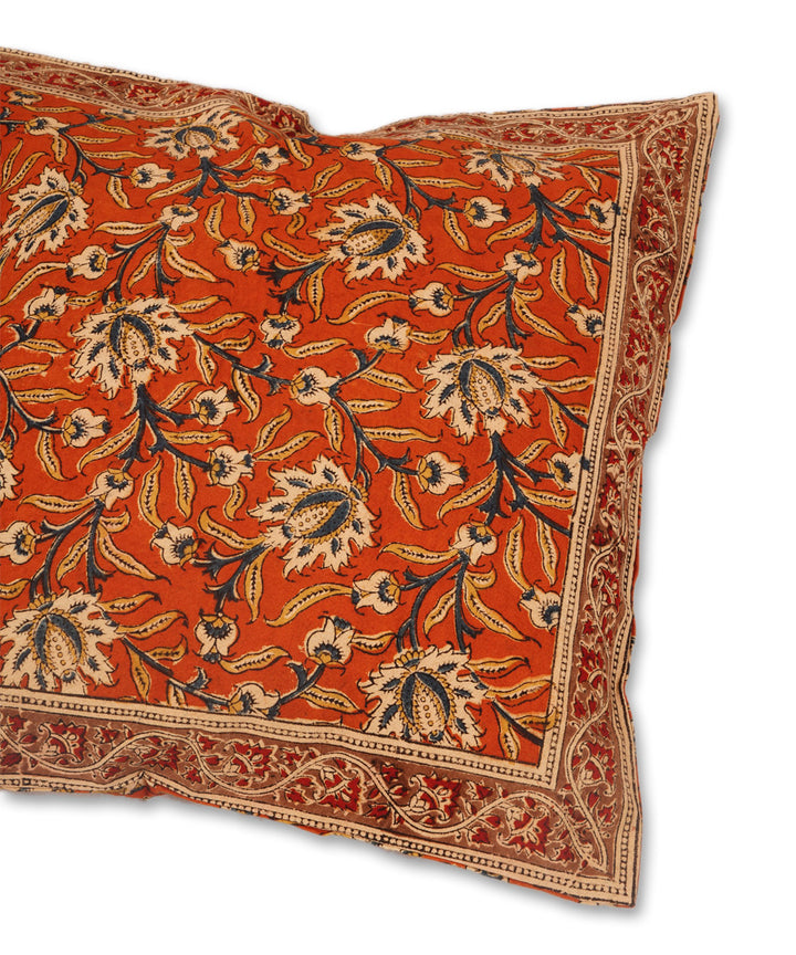 Dark orange cotton hand block print kalamkari cushion cover