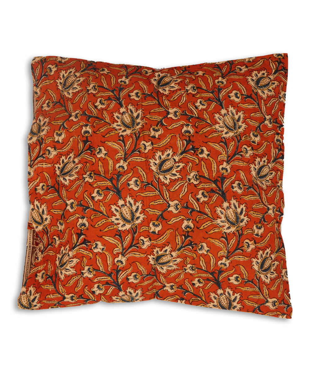 Dark orange cotton hand block print kalamkari cushion cover