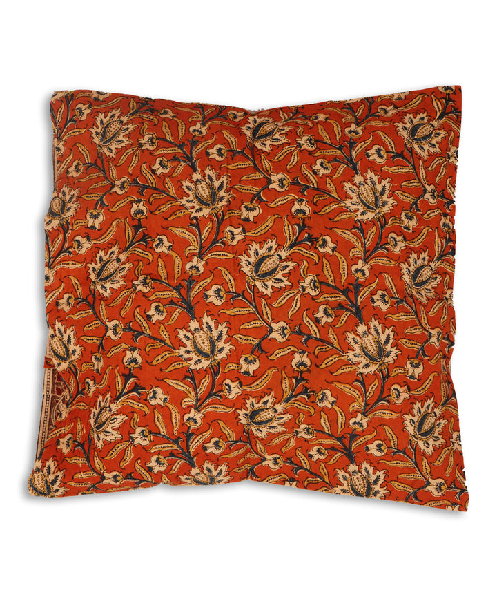 Dark orange cotton hand block print kalamkari cushion cover